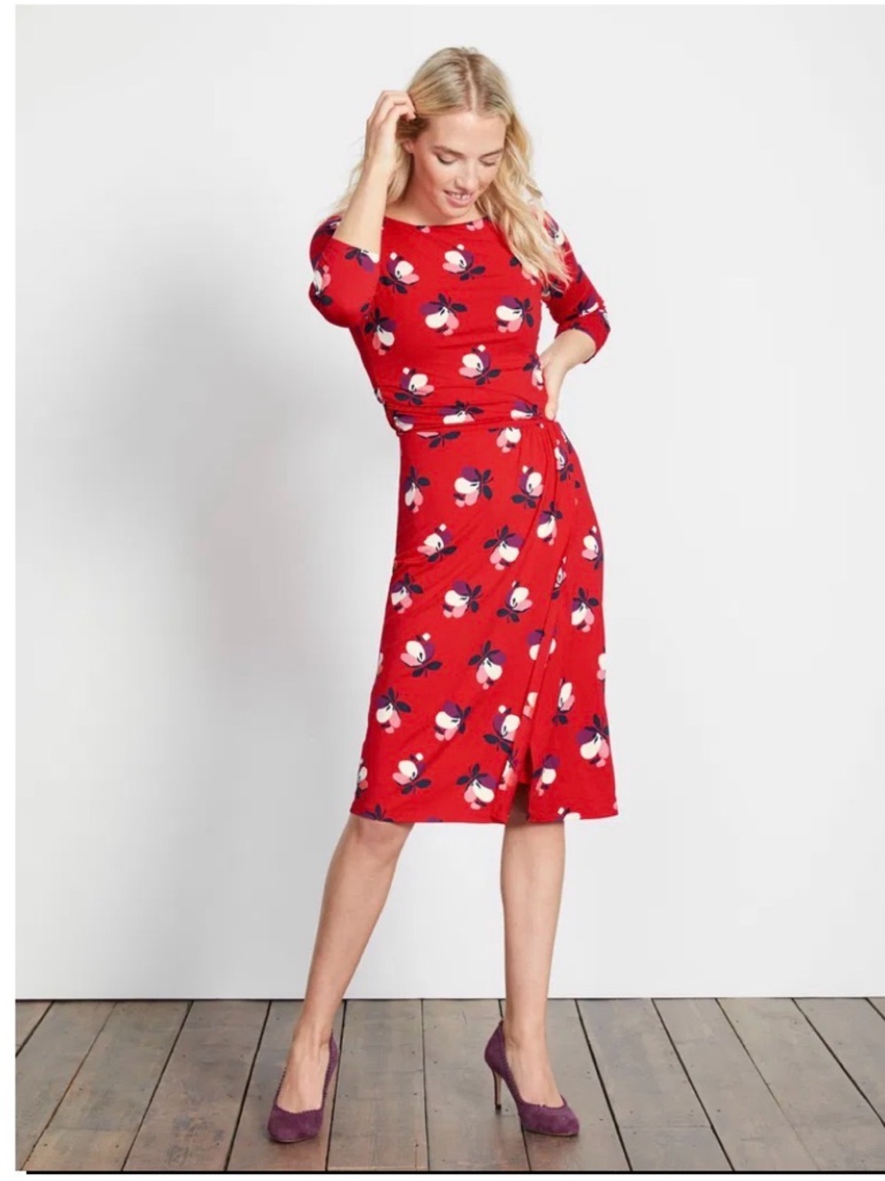 BODEN Lottie Ruched midi dress red floral sz 12